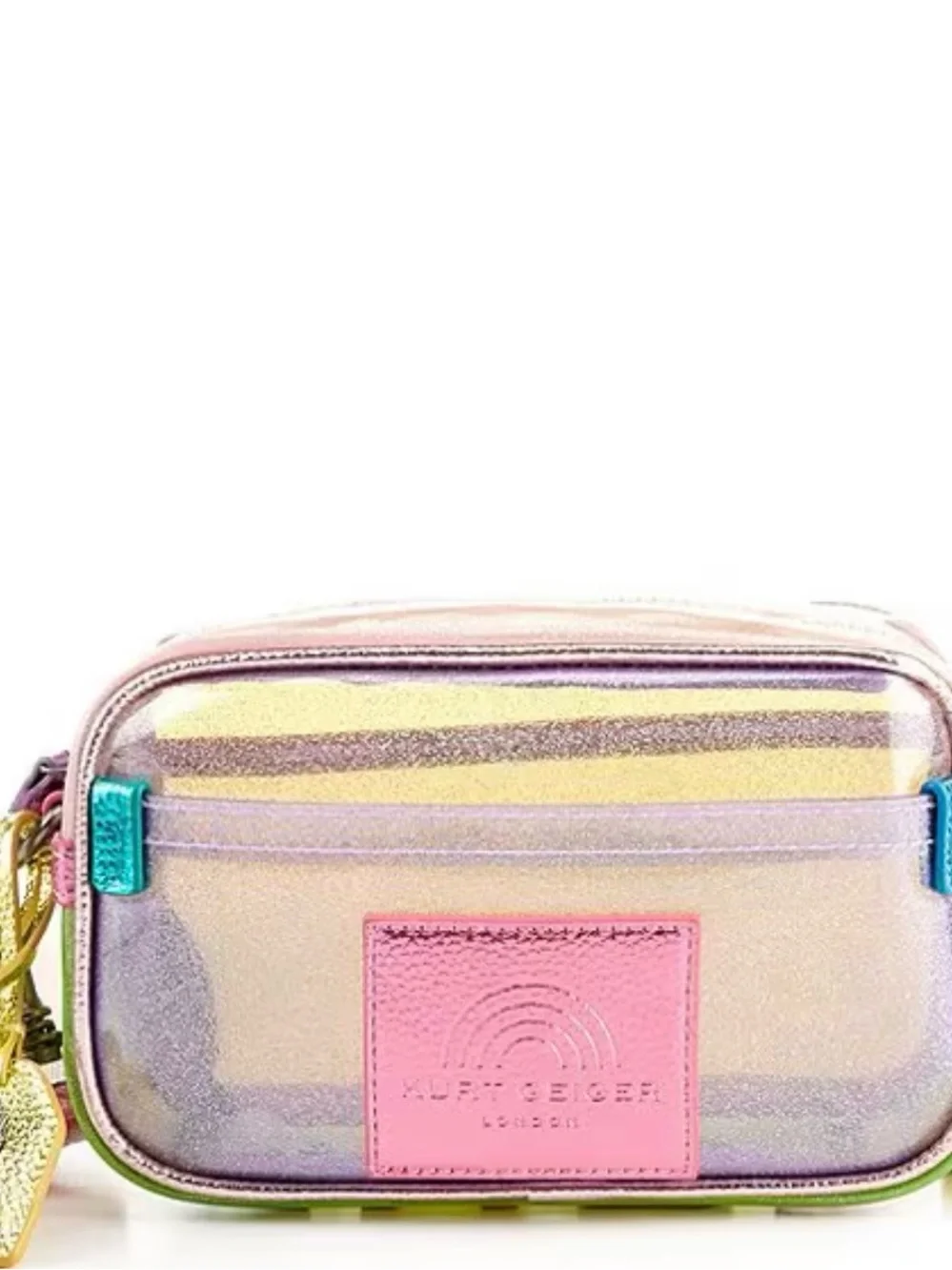 Kurt Geiger Iridescent Pink Trim Clear Cosmetic Pouch with Teal Accents